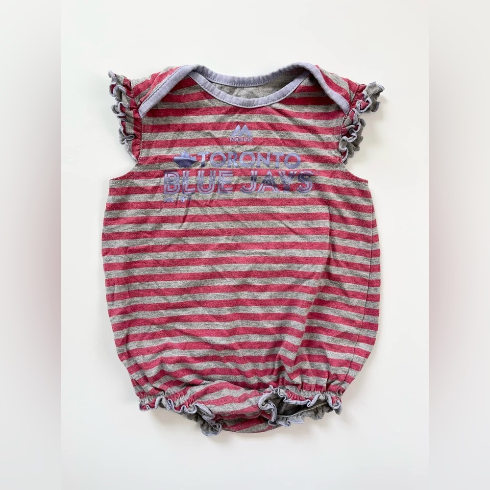 Toronto Bluejays Striped Baby Romper with Ruffle Sleeves